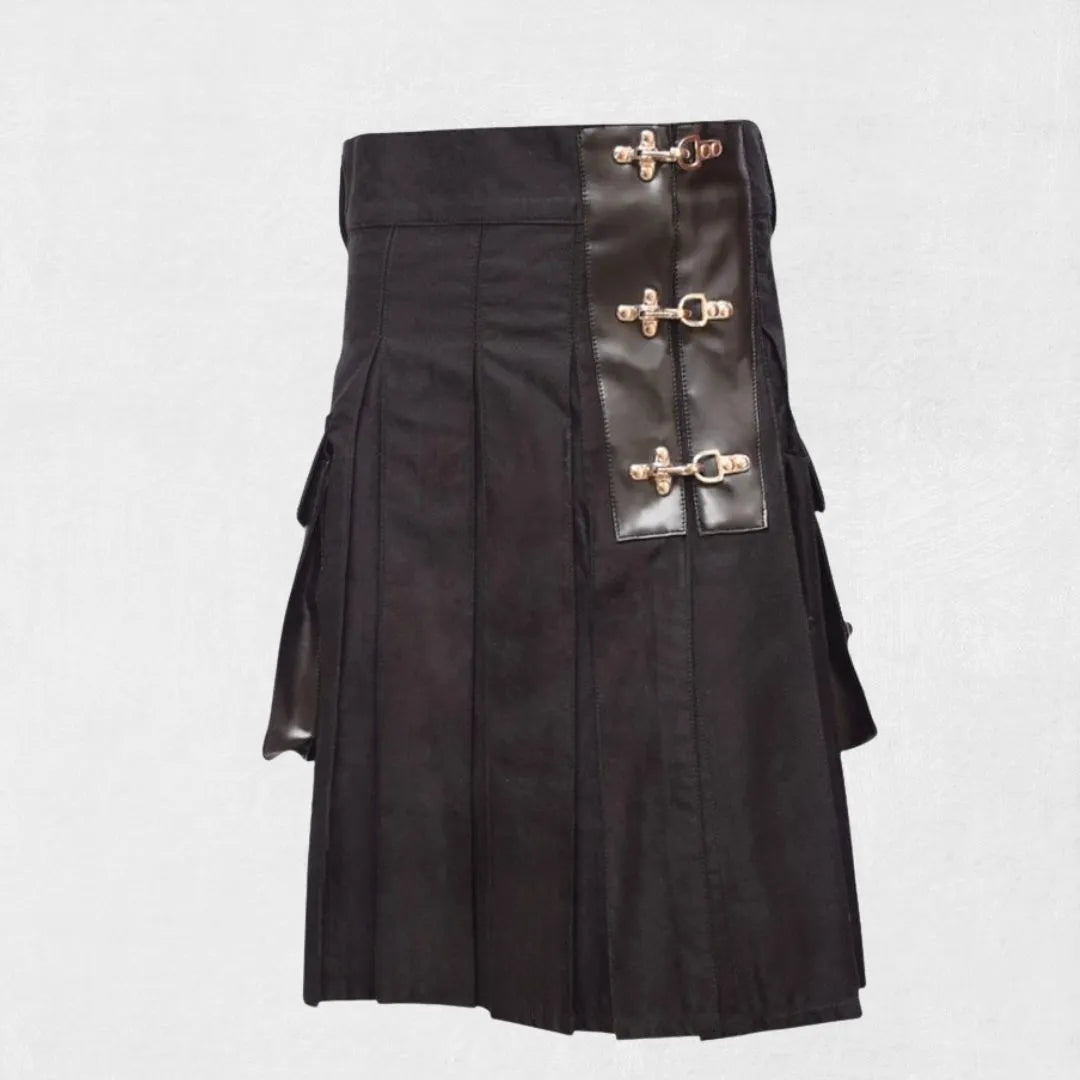Front view of black Scottish utility kilt with cargo pockets