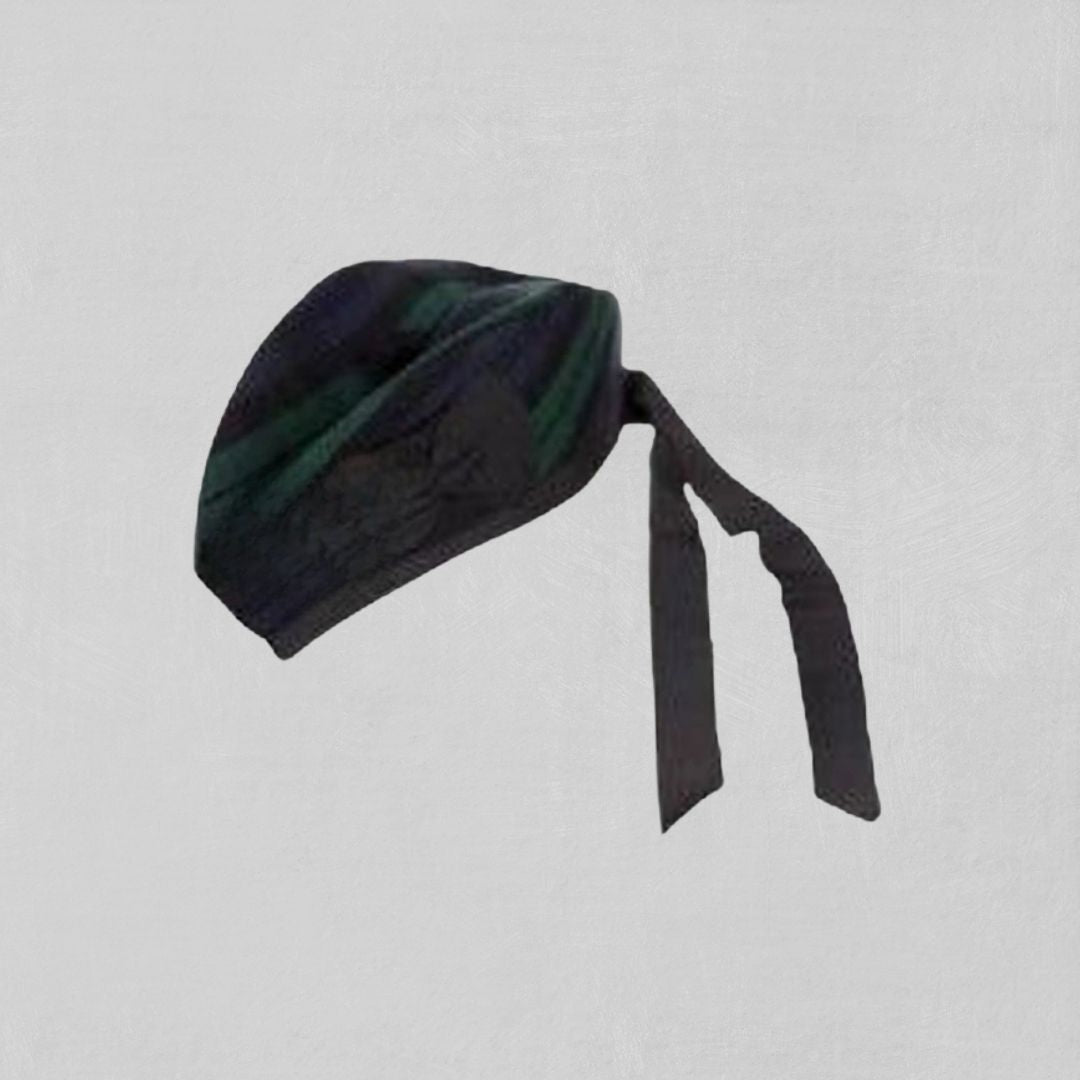 Front view of Premium Scottish Black Watch Tartan Glengarry Hat with deep green and navy tartan