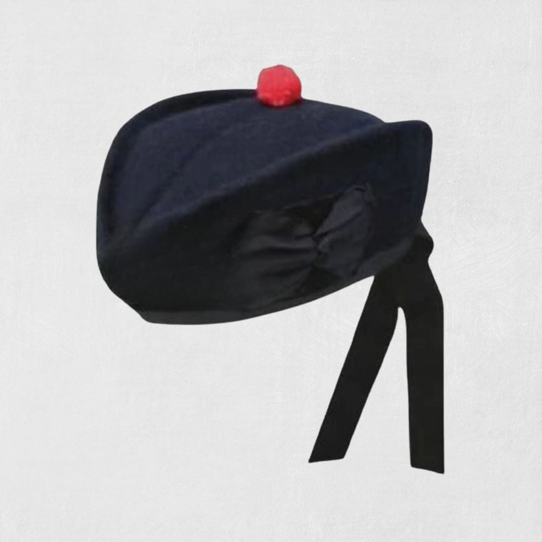 Front view of Premium Scottish Blue Glengarry Hat with traditional design