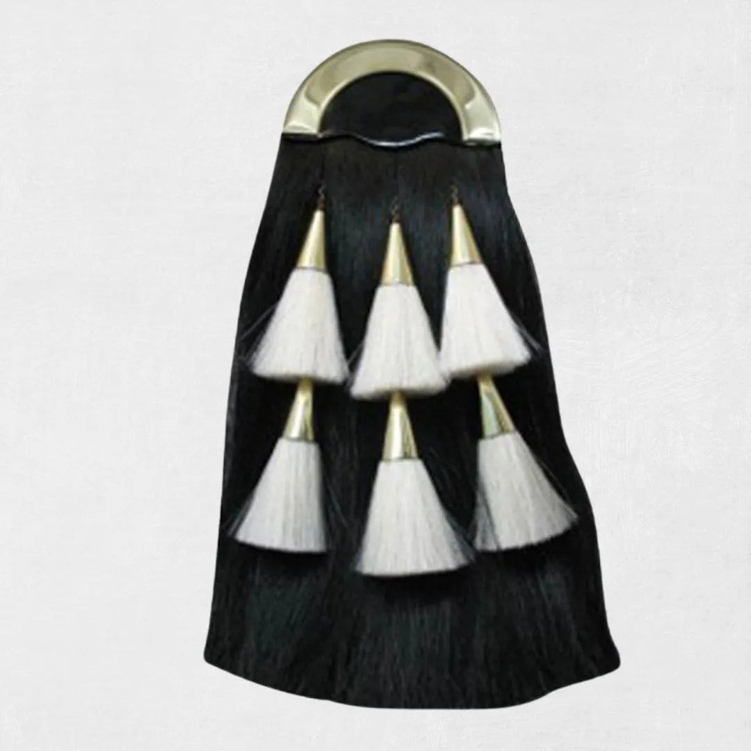 Front view of Scottish horse hair kilt sporran with chrome cantle and long flowing tassels