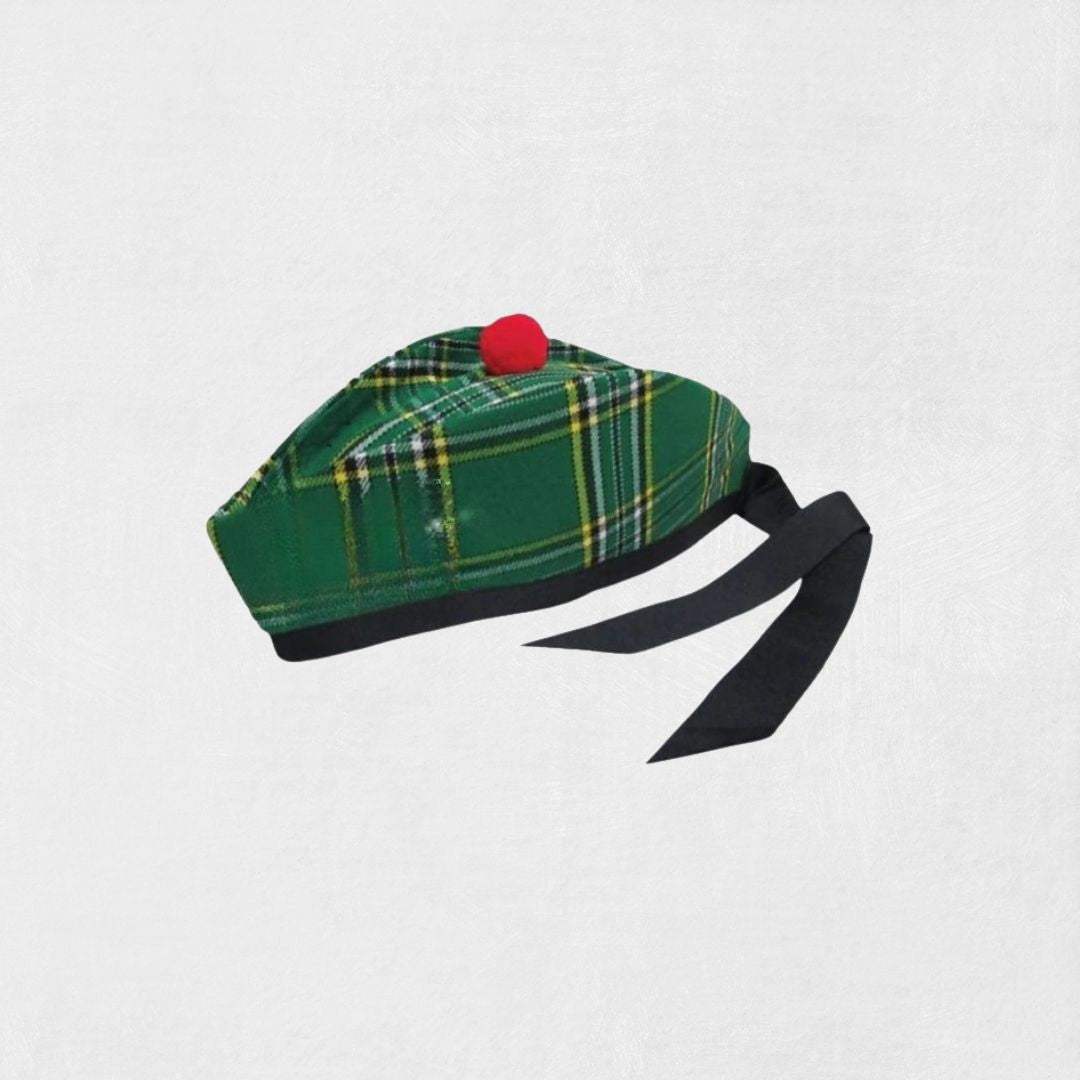 Front view of Premium Scottish Irish National Glengarry Hat with green tartan.