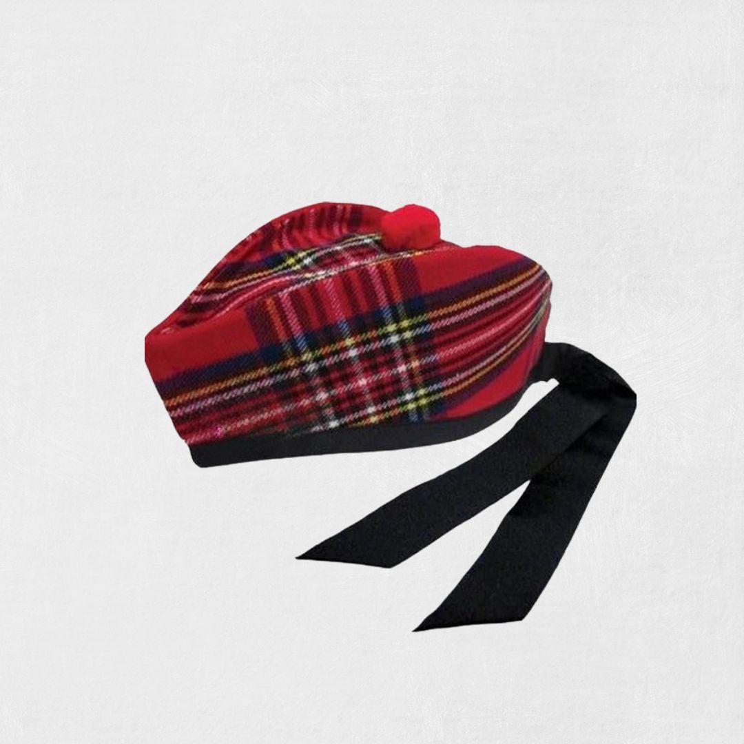Front view of Premium Scottish Royal Stewart Tartan Glengarry Hat with red tartan