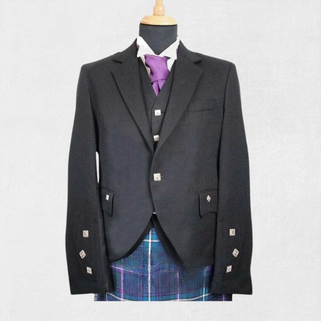 Front view of the Premium Quality Traditional Black Argyle Jacket, showcasing the rich black color, classic Argyle pattern, and tailored fit.