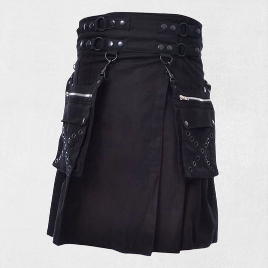 Front view of the Premium Quality Traditional Scottish Black Gothic Kilt, showcasing its pleated design and gothic-inspired buckle details.