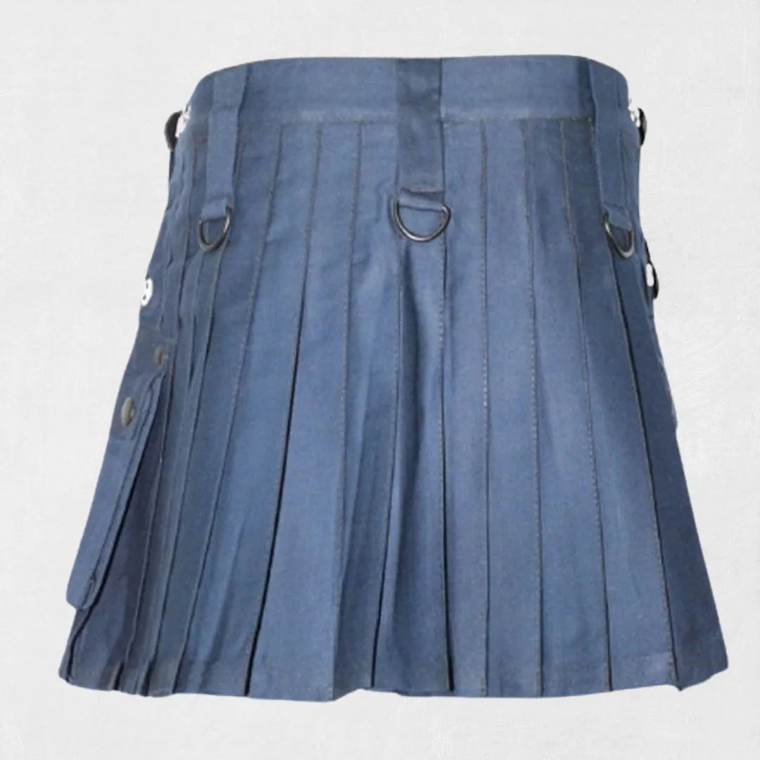 Back view of Traditional Scottish Blue Women Utility Kilt with deep pockets and adjustable straps