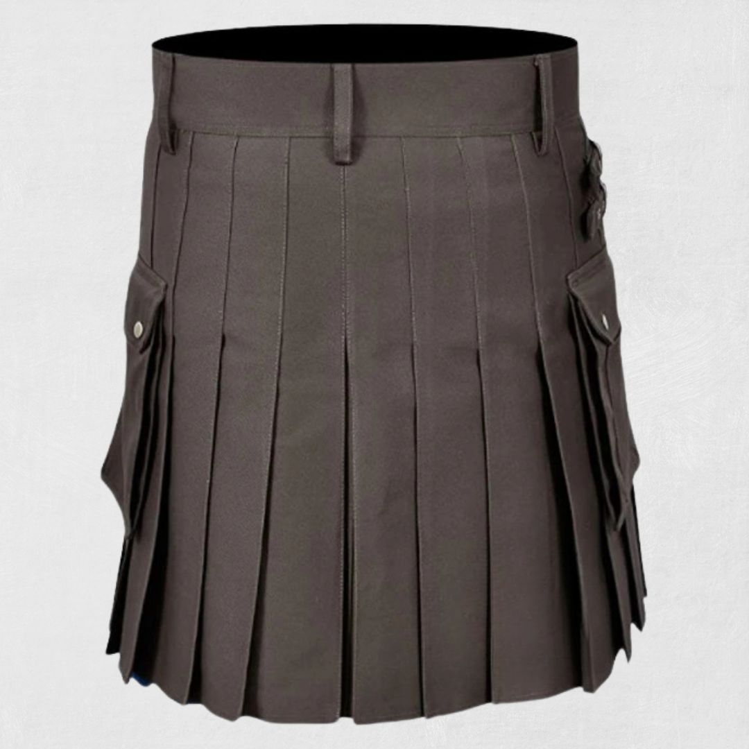 Back view of Traditional Scottish Brown Utility Kilt with large pockets and adjustable straps.