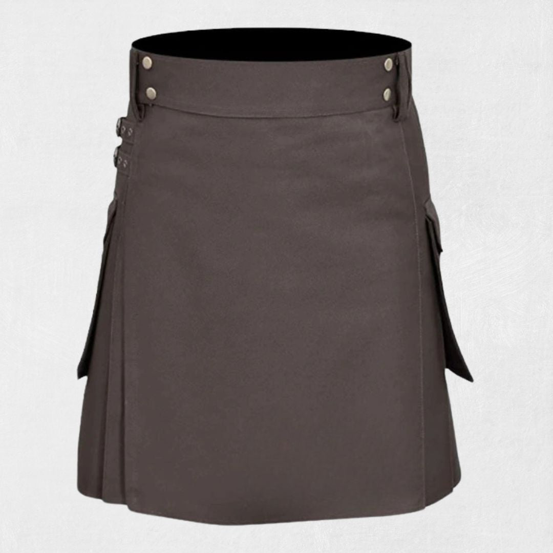 Front view of Traditional Scottish Brown Utility Kilt with large pockets and adjustable straps