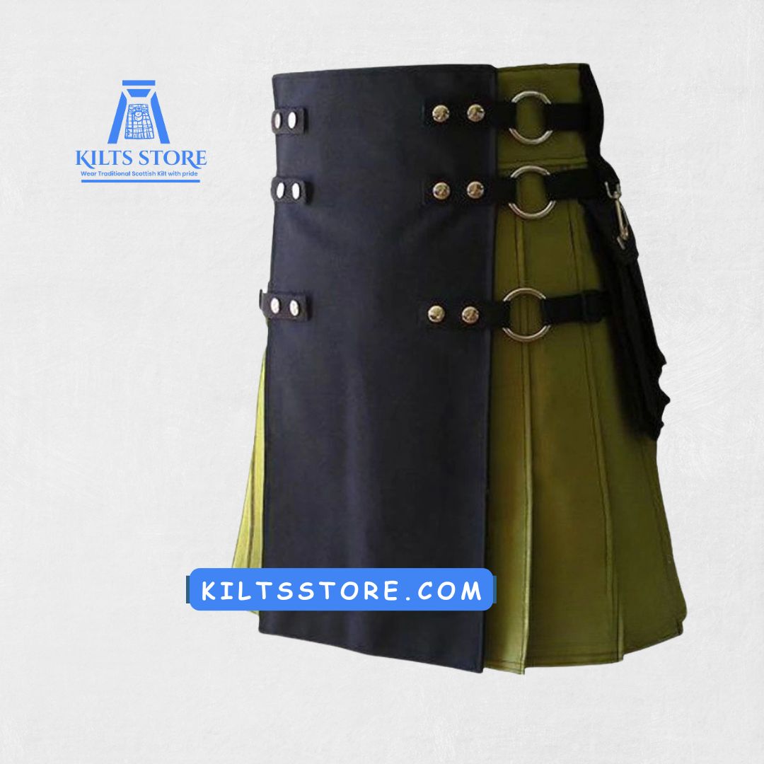 Front view of Traditional Scottish Hybrid Utility Kilt with tartan and cargo pockets