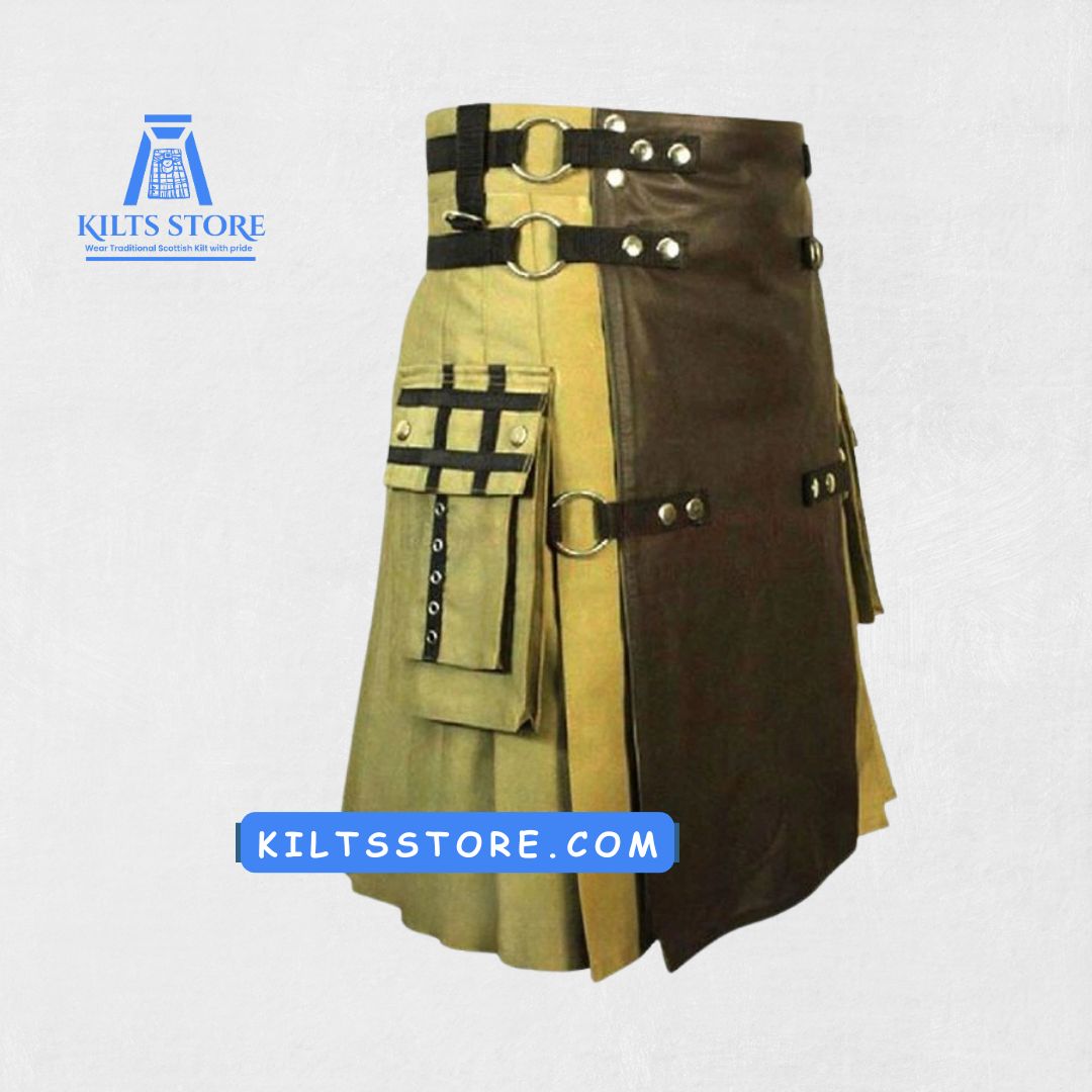 Side view of Scottish Hybrid Utility Kilt showing pleated tartan and utility design