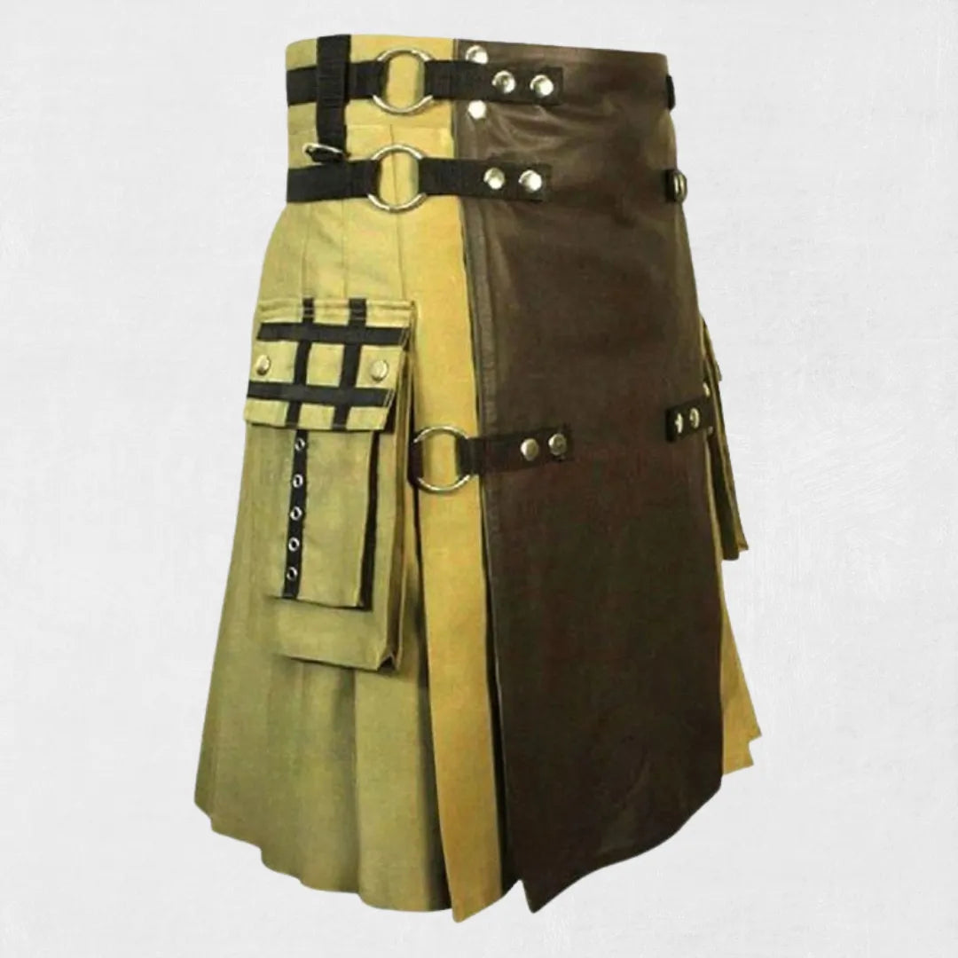Side view of Scottish Hybrid Utility Kilt showing pleated tartan and utility design