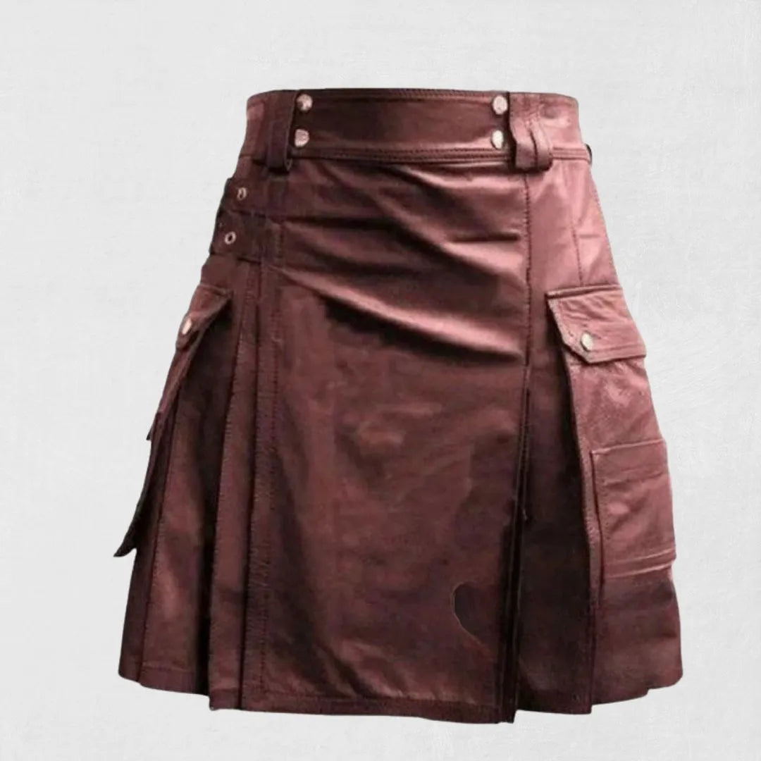 Front view of the Premium-Quality-Traditional-Scottish-Leather-Kilt, showcasing the smooth leather texture and traditional pleating design.