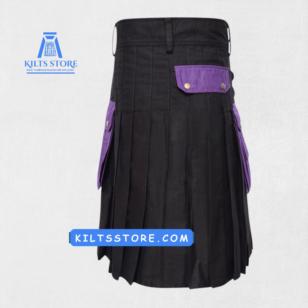 Side view of Scottish Purple Black Utility Kilt showing pleats and rugged cotton design