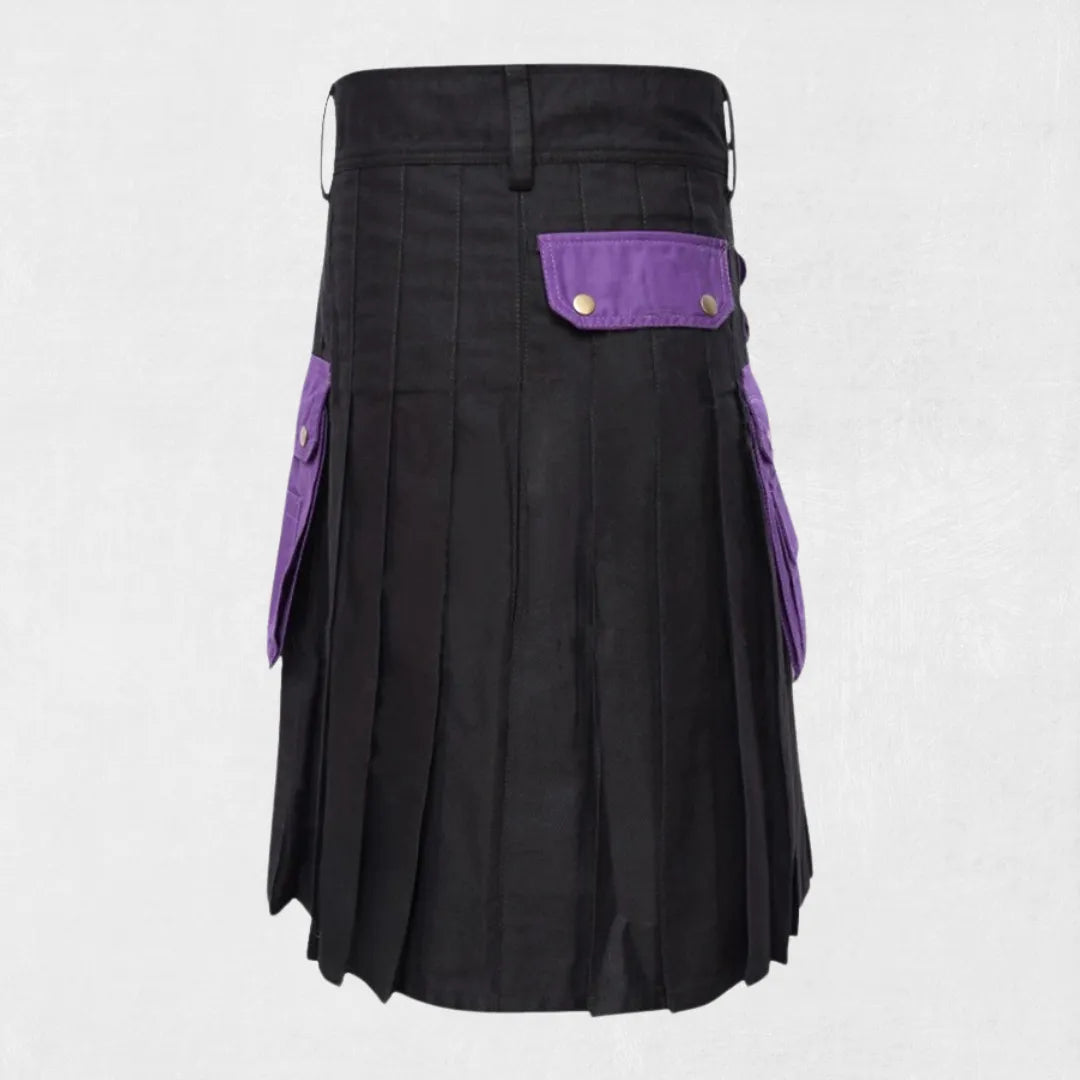Side view of Scottish Purple Black Utility Kilt showing pleats and rugged cotton design.