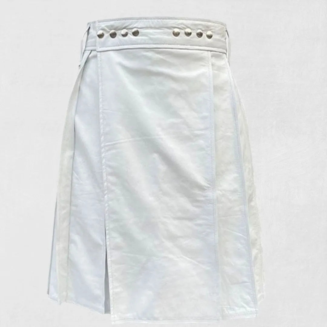 Front view of the Premium-Quality-Traditional-Scottish-White-Leather-Kilt, highlighting the smooth white leather texture and traditional pleating design.
