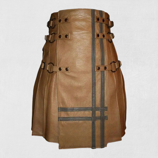 Premium-Quality Custom-Made Brown Leather Kilt for Men, Traditional Scottish Style , front view .