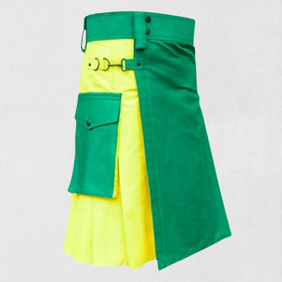 Premium Green Yellow Utility Kilt – Front View with Pockets