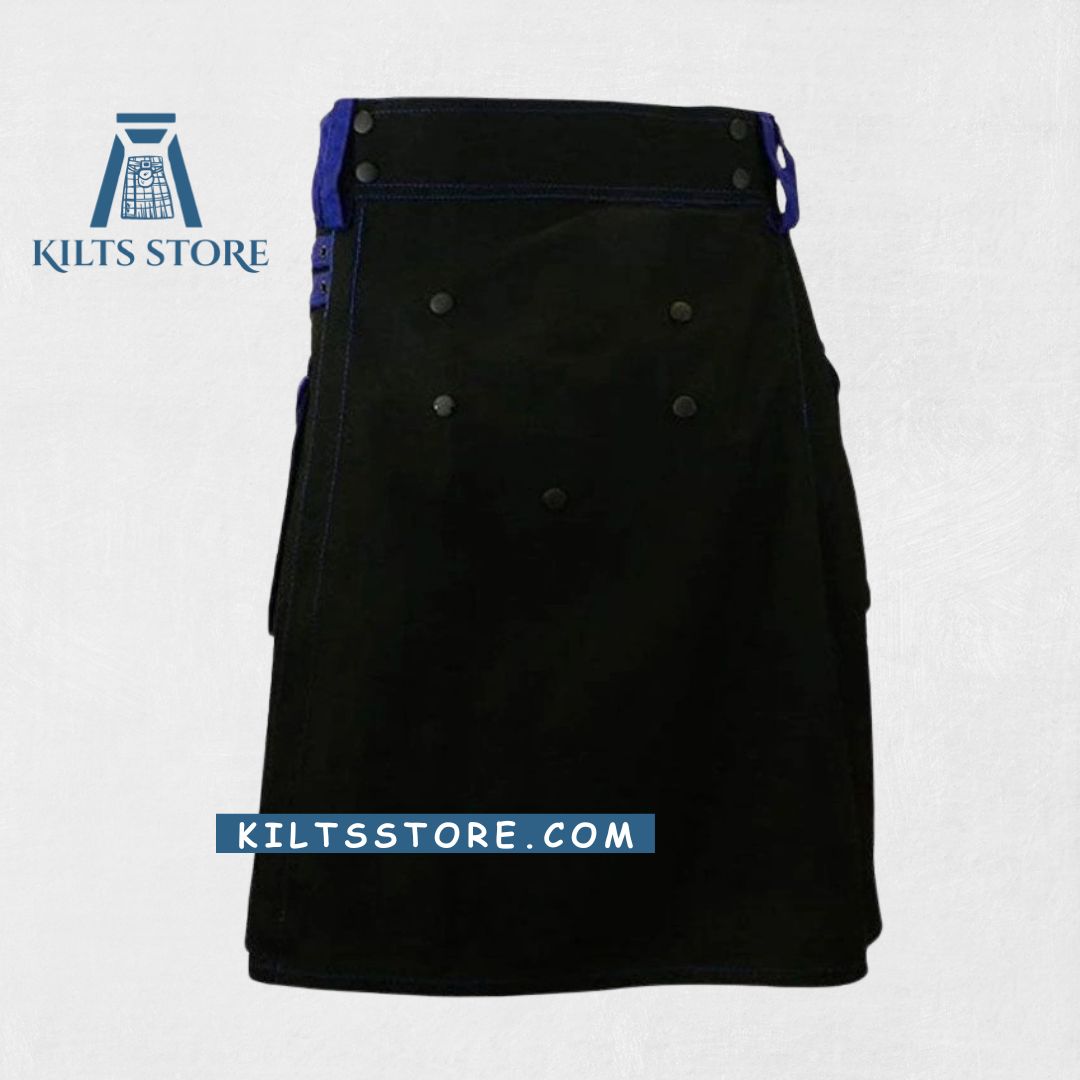 Deluxe modern black and blue kilt with front zipper and visible belt loops – premium men's utility kilt