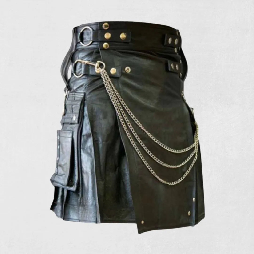 Front view of Premium Quality Hand Made Scottish Black Leather Kilt with pleated design and adjustable straps