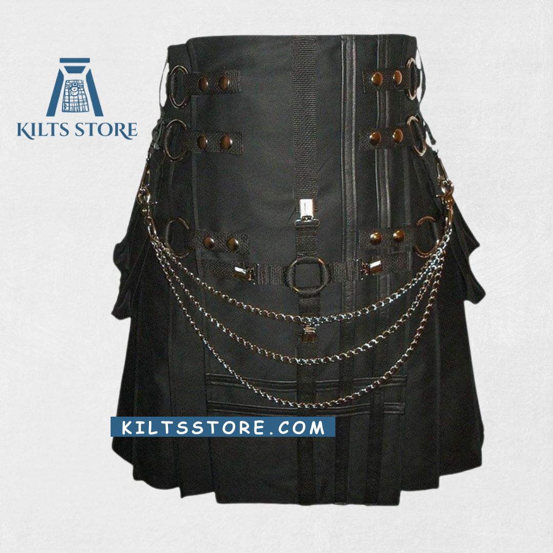 "Premium Quality Black Cross Gothic Cargo Utility Kilt with adjustable fit and Gothic cross details"