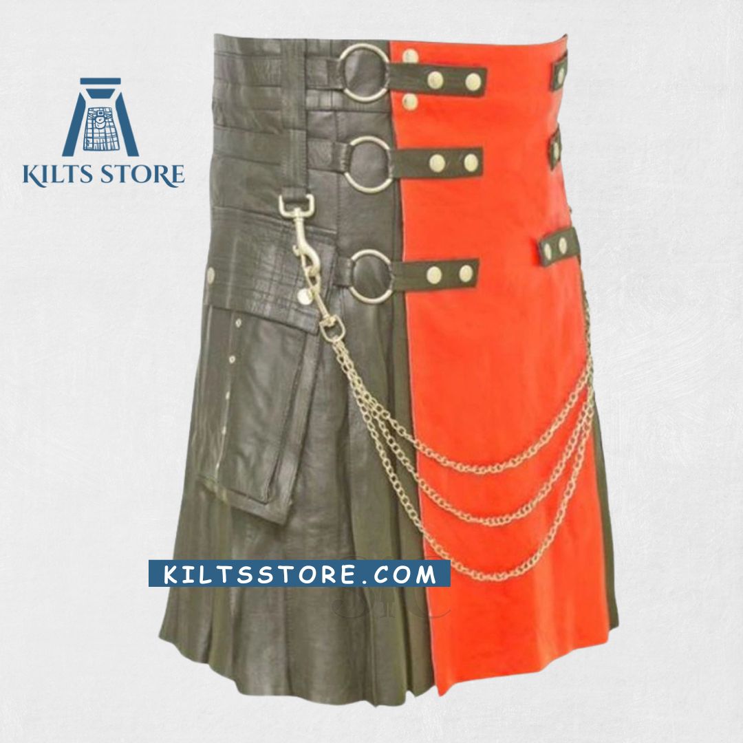 "Premium Quality Black Leather Kilt with striking red apron detail and adjustable fit"