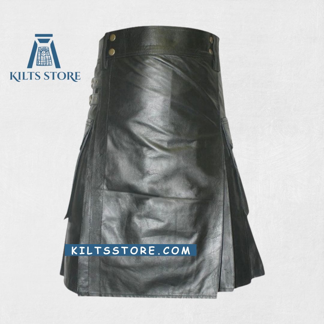 Premium Black Real Leather Utility Kilt with Straps for Men