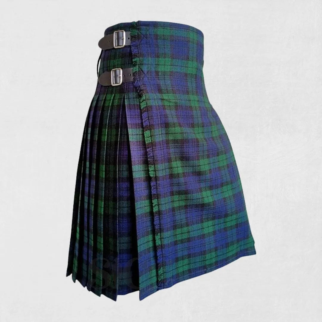 "Premium Quality Black Watch Tartan Kilt made from wool with a traditional Scottish design and adjustable fit"