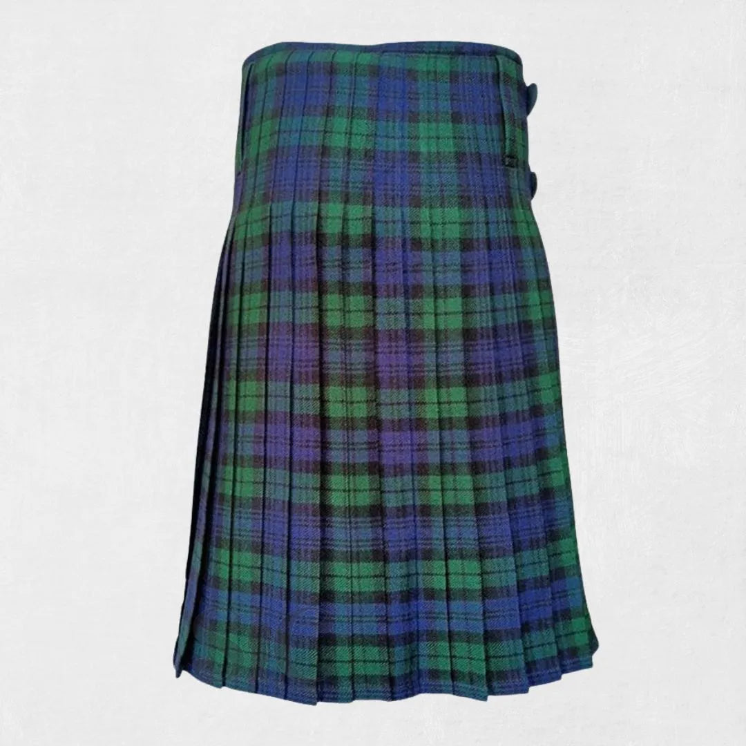 Plaid kilt with green and blue pattern on a white background