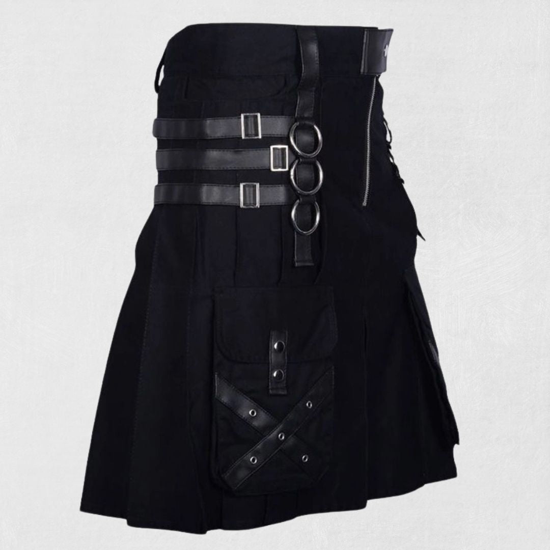 Front view of the Premium Quality Custom Made Scottish Black Gothic Kilt, showcasing its intricate details and bold black design.
