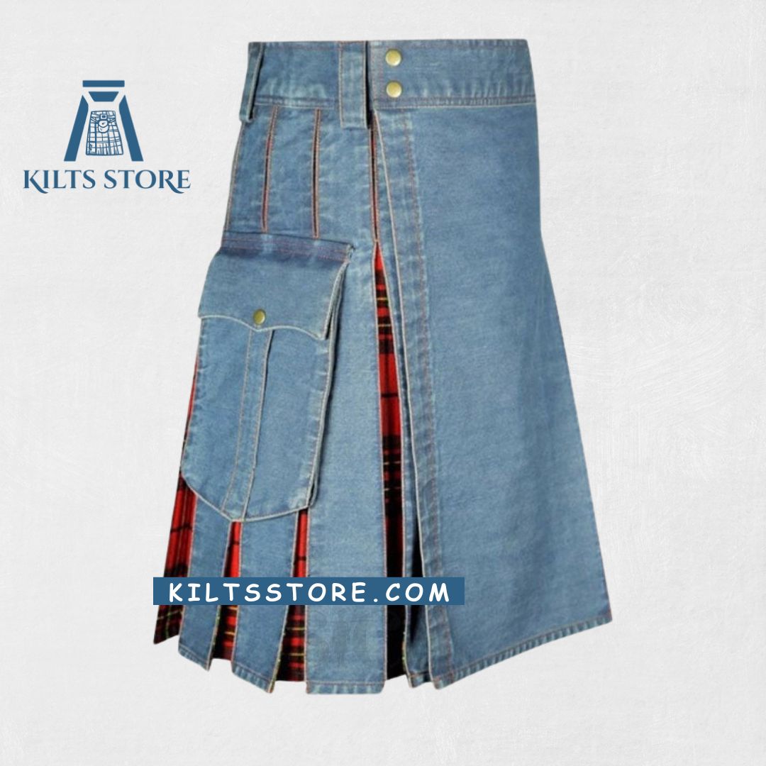 "Premium Quality Custom Made Scottish Blue Denim Kilt with adjustable fit and modern denim design"