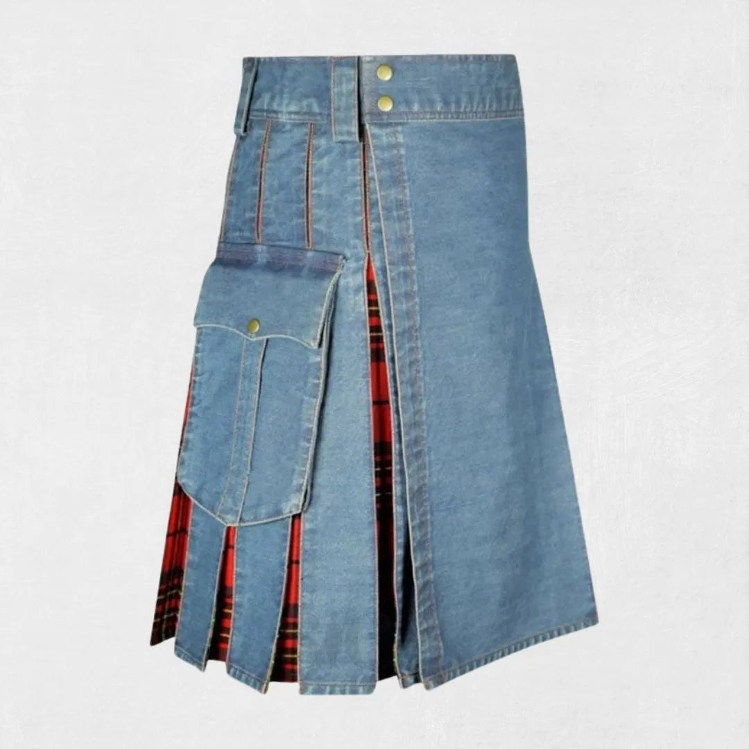 "Premium Quality Custom Made Scottish Blue Denim Kilt with adjustable fit and modern denim design"