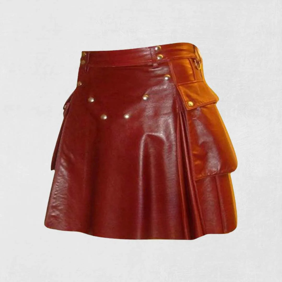 Custom handmade Scottish red women’s leather kilt with pleated design
