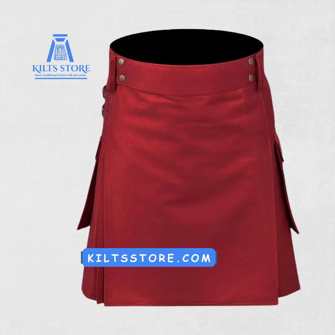Front view of Hand Made Scottish Red Utility Kilt with large pockets and belt loops