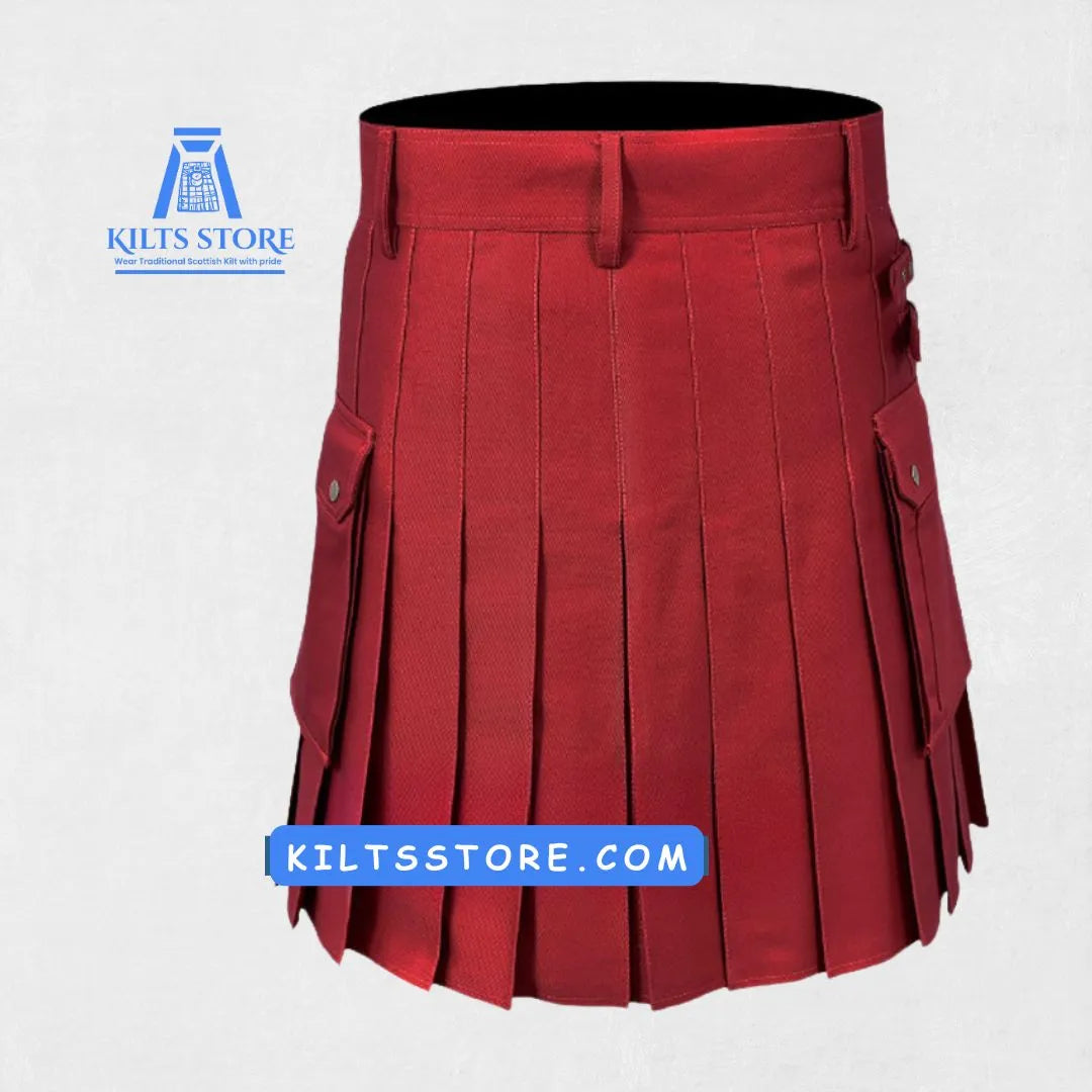 Back view of Hand Made Scottish Red Utility Kilt with large pockets and belt loops