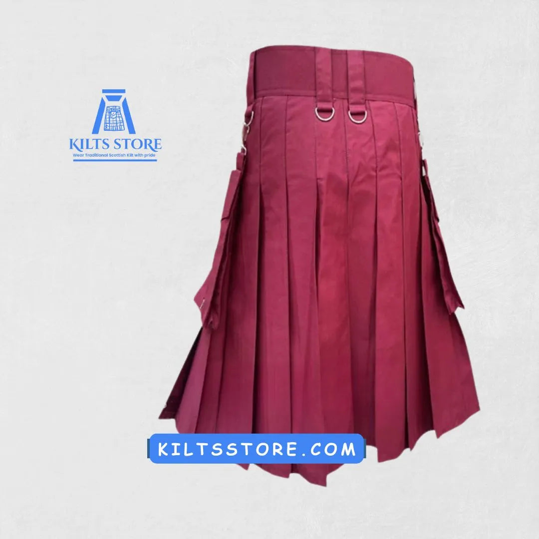 Back view of Premium Burgundy Utility Kilt with large pockets and adjustable straps