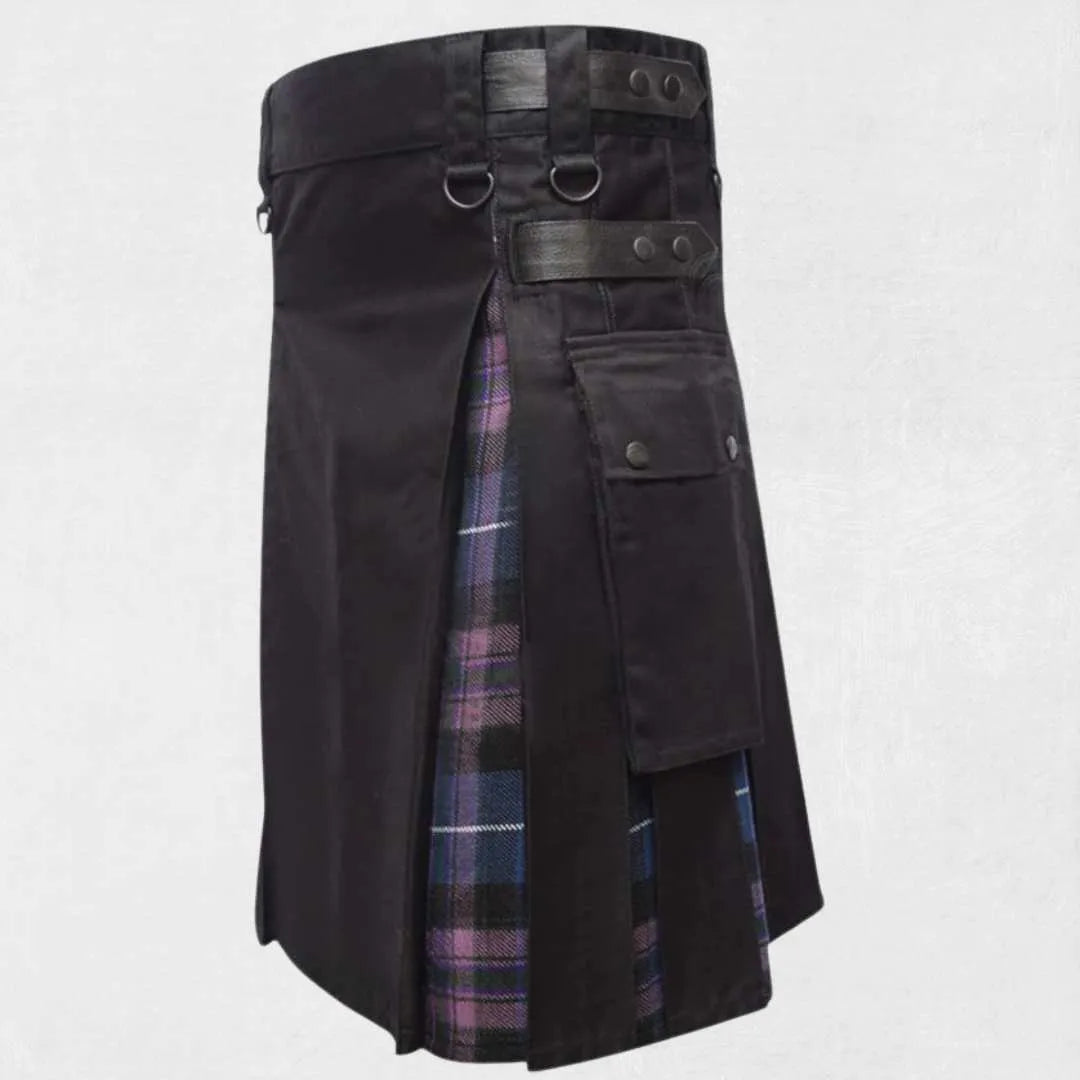 Black cotton hybrid utility kilt with Pride of Scotland tartan pleats