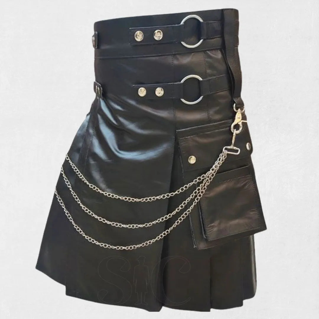 Front view of the premium Scottish black leather kilt, showcasing its smooth leather texture and traditional pleated design.