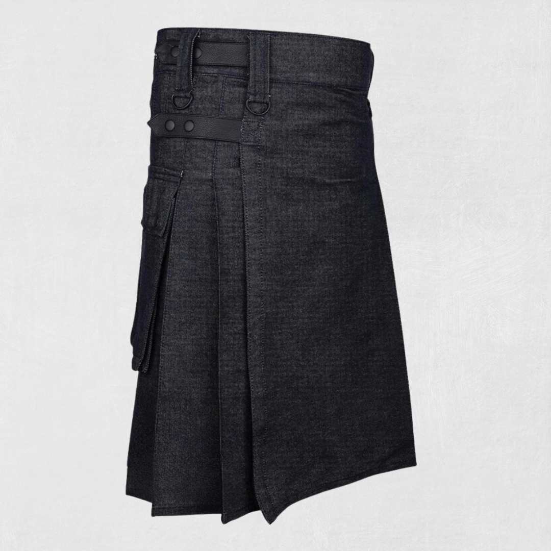 Traditional Scottish black utility kilt with cargo pockets and handmade cotton design