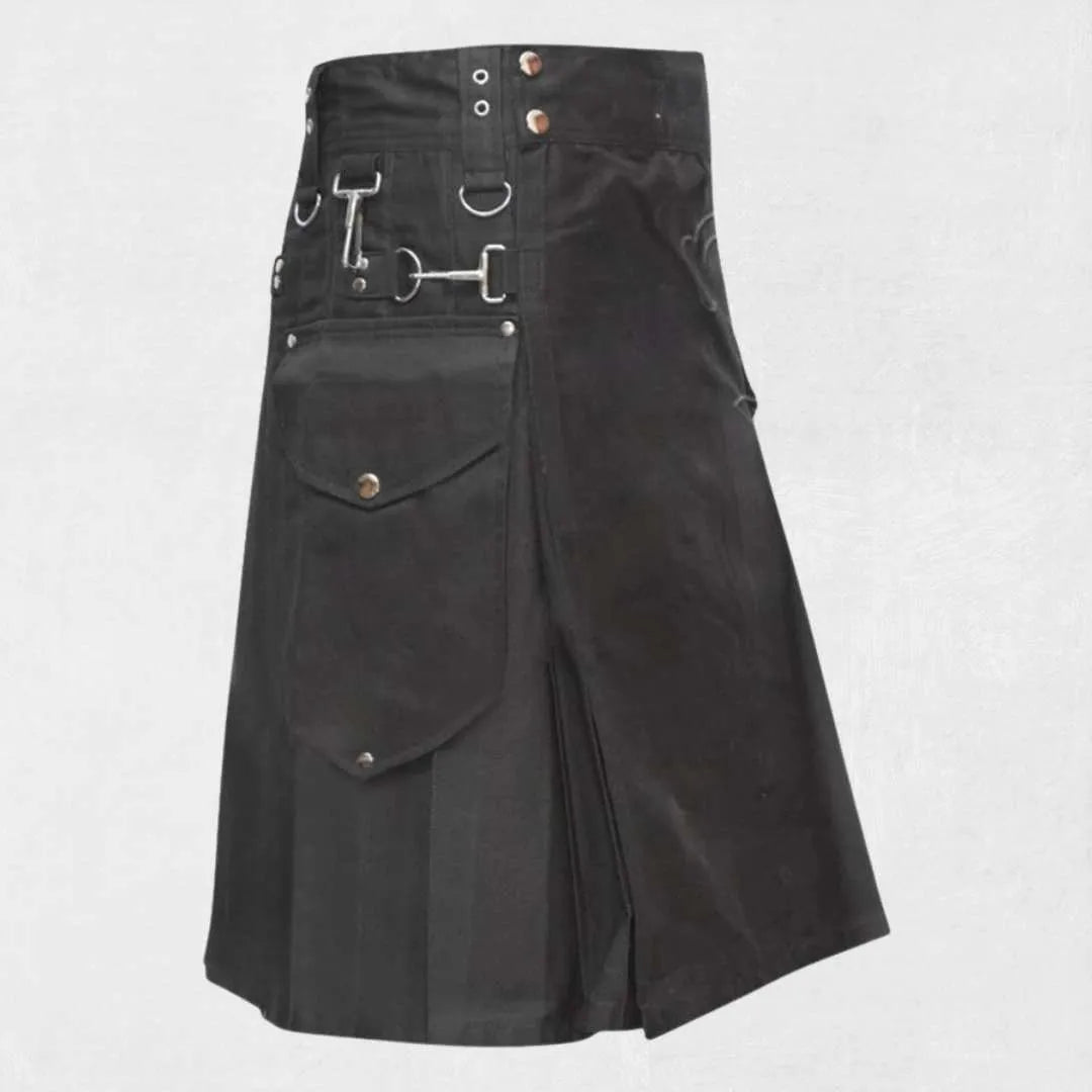Premium traditional Scottish black utility kilt with cargo pockets and handmade cotton design