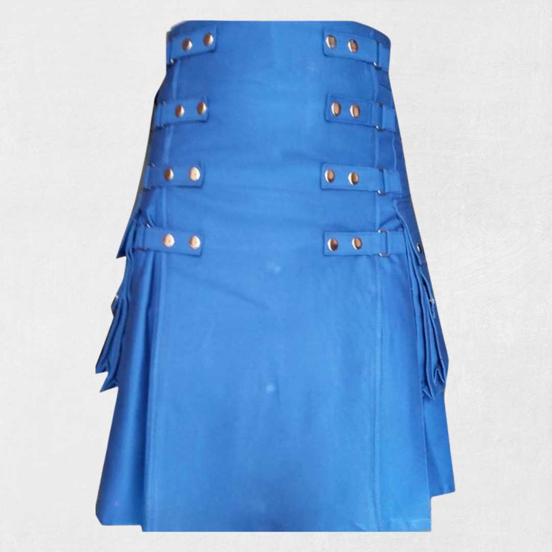 Traditional Scottish blue utility kilt with handmade cotton design and functional cargo pockets