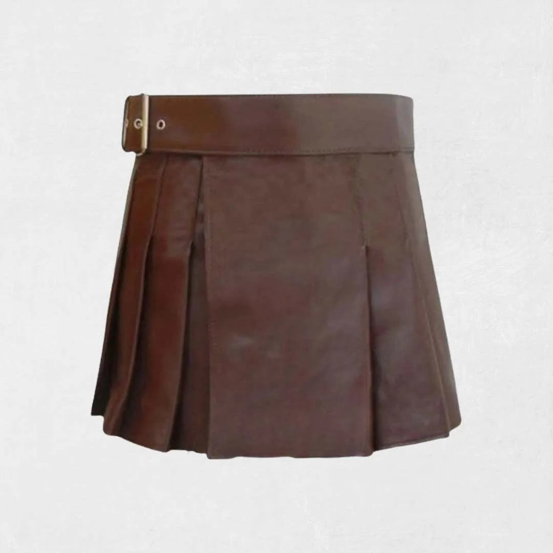 Handmade brown women’s leather kilt in traditional Scottish pleated style