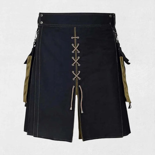 Traditional Scottish hybrid utility kilt with tartan pleats and functional cargo pockets