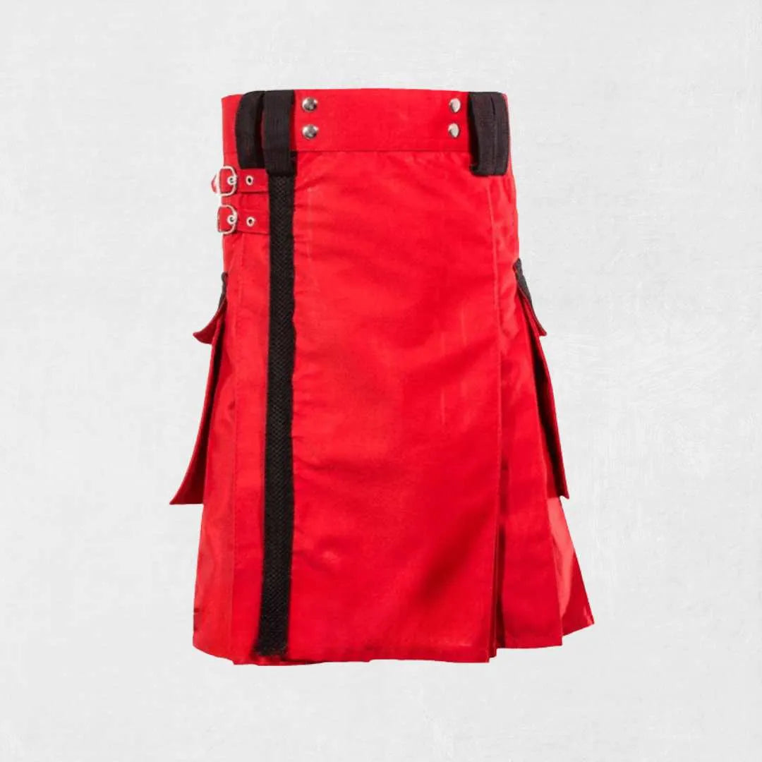 Red Utility Kilt in traditional Scottish cotton design with side pockets