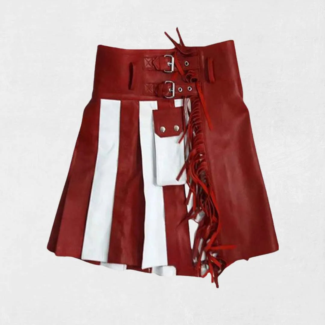 Handmade Scottish red and white women leather kilt with pleated design