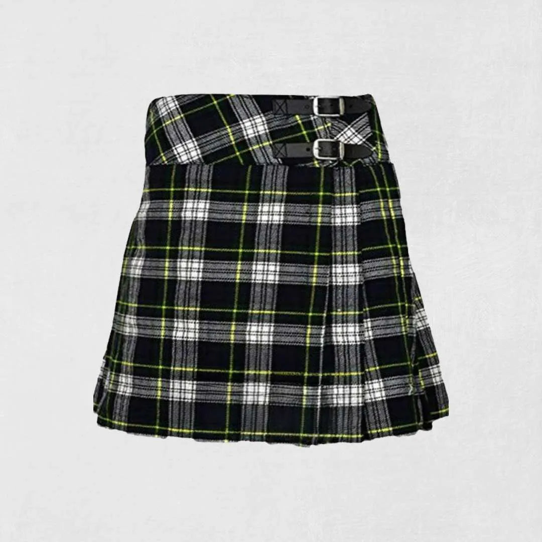 Women Dress Gordon tartan kilt with navy, green, white, and yellow pattern