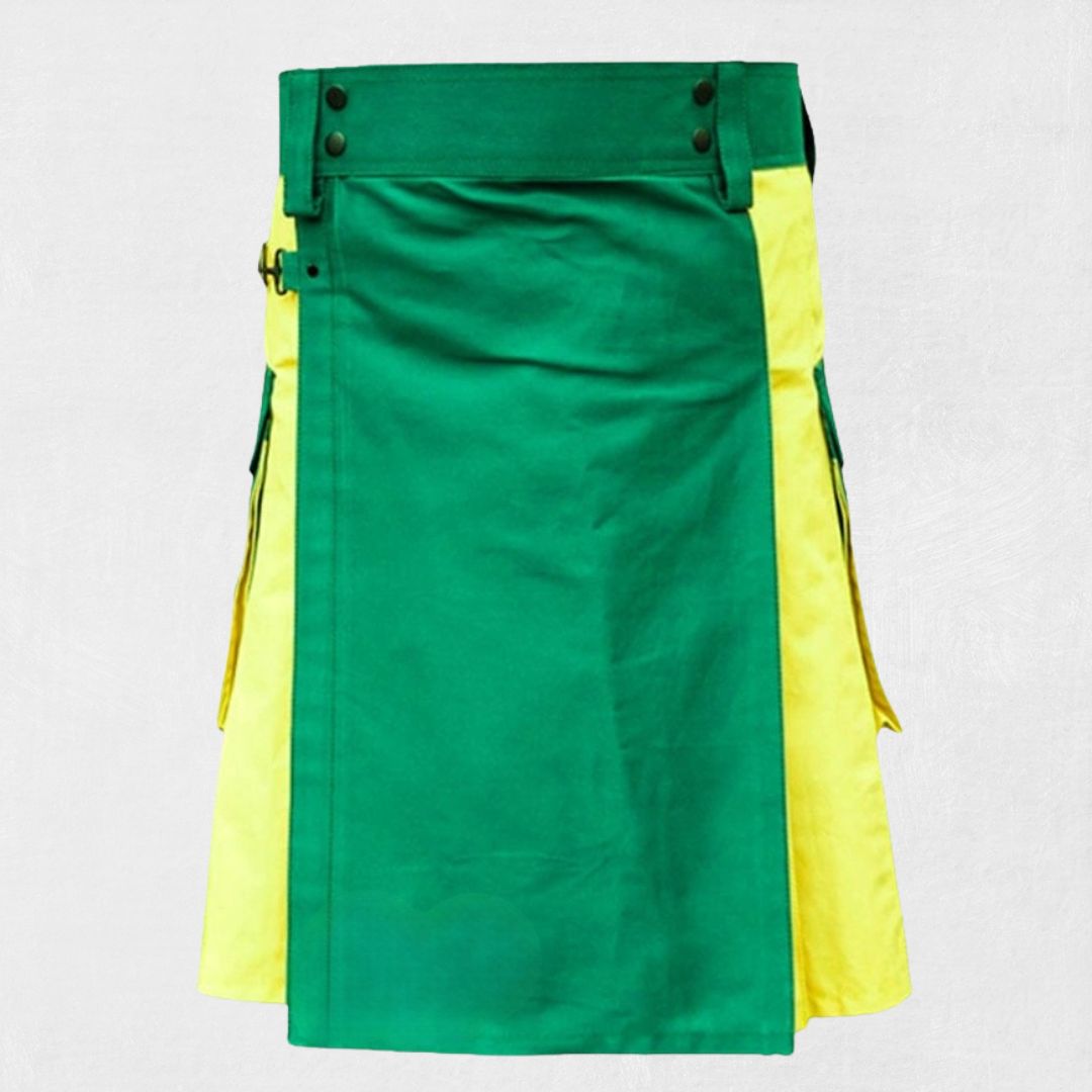 Premium Green Yellow Utility Kilt – Back View with Pleats.