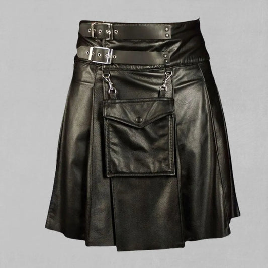 Front view of Premium Quality Hand Made Black Leather Kilt with classic pleats and buckle strap detailing
