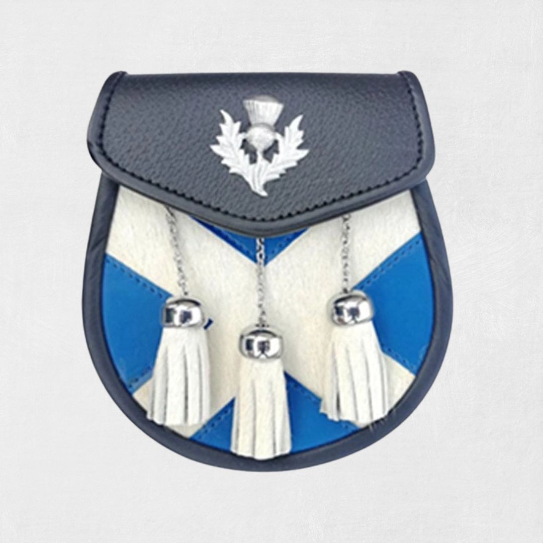 Front view of premium handmade Scottish leather kilt sporran with traditional tassels