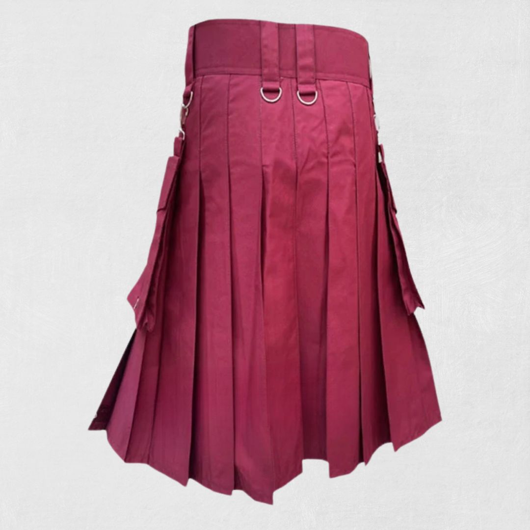 Back view of Premium Burgundy Utility Kilt with large pockets and adjustable straps