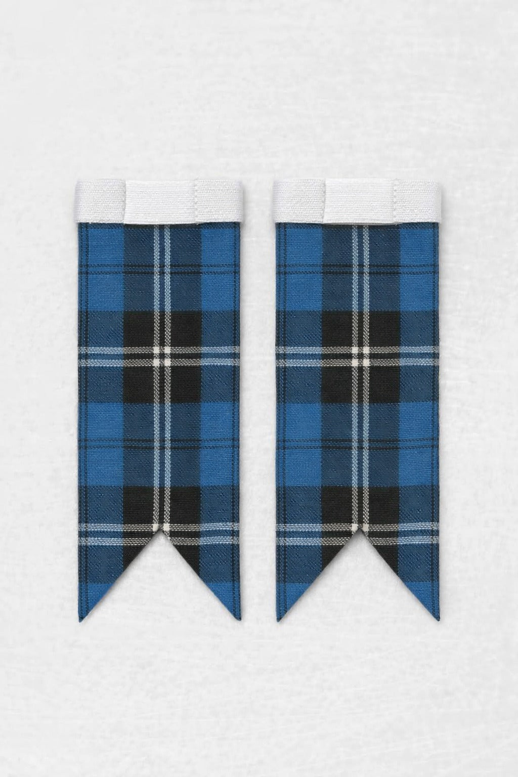 Ramsay Blue tartan flashes worn with traditional Scottish kilt hose for Highland dress