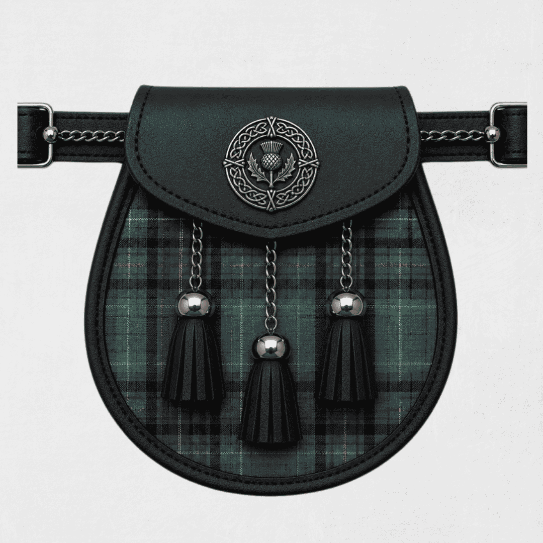 Rankin Ancient tartan sporran displayed with traditional Scottish Highland kilt attire for formal and cultural events